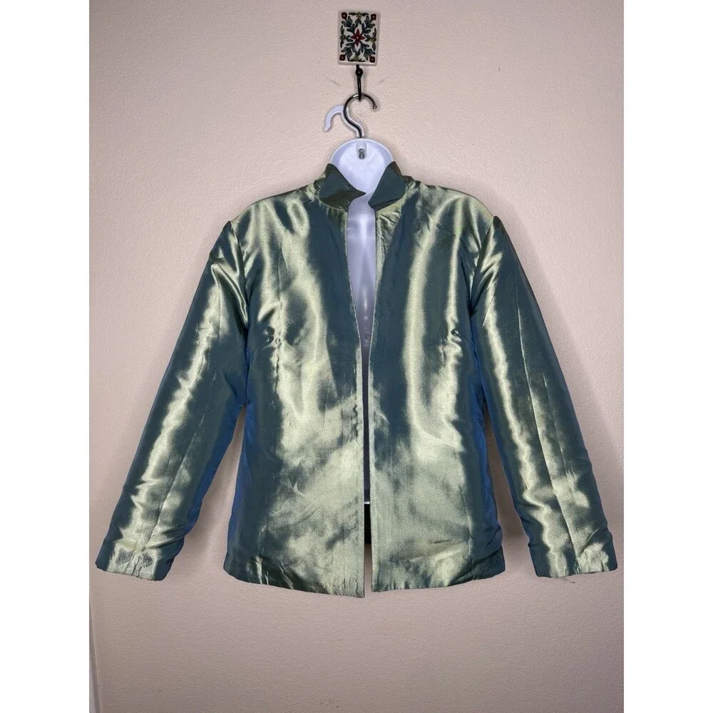 Grace Chuang New York Feather Print Open Jacket Sz S Multicolor Reversible Green - Picture 12 of 16